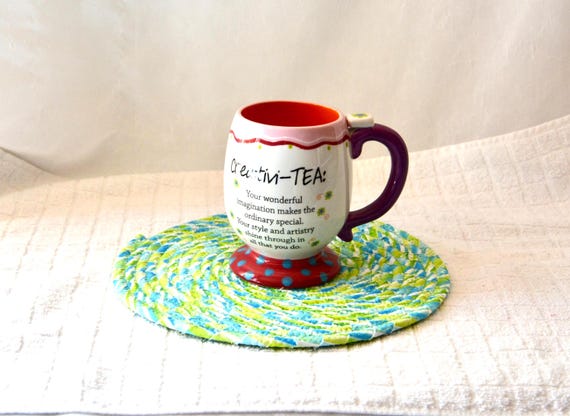 Handmade Green Mug Rug, Spring Fabric Rope Trivet, Hot Pad
