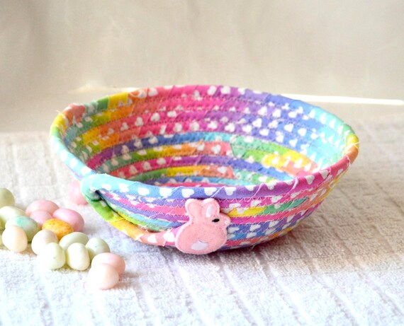 Pastel Fabric Easter Bunny Basket: Handmade Quilted Candy Bowl