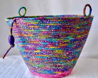 Handmade Boho Mauve Basket, Gorgeous Batik Fabric Bin, Office Waste Paper Basket, Recycle Bin, Shawl and Scarf Holder or Sweater Bin