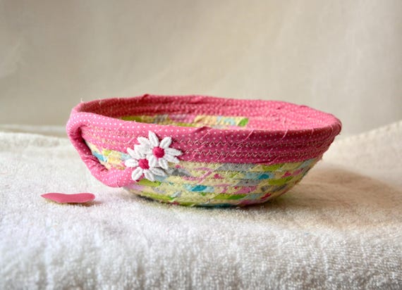 Pink Candy Dish, Small Key Holder, Handmade Fabric Basket, Cottage Chic Ring Tray, Potpourri Bowl, Summer Picnic Basket, Gift for her Mom