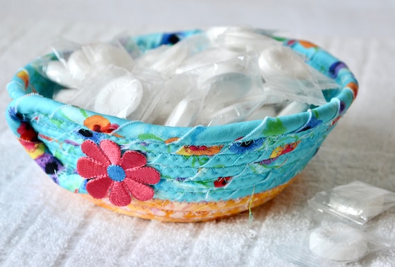 Small Ring Dish, Blue Desk Clip Basket, Handmade Potpourri Holder, Hand Coiled Rope Basket, Candy Dish, Lovely Fabric Basket