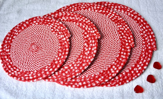 Red Swirl Trivet Set, 4 Handmade Heart Hot Pads, Lovely Table Topper Mats, Potholders, Fabric Rope Place Mats, Mother's Day Gift