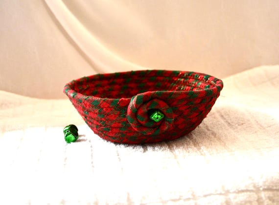 Christmas Candy Bowl, Handmade Red Bell Holiday Basket, Cute Peppermint Holder, Woven Rope Key Bowl, Unique Gift Basket, Ring Dish Tray