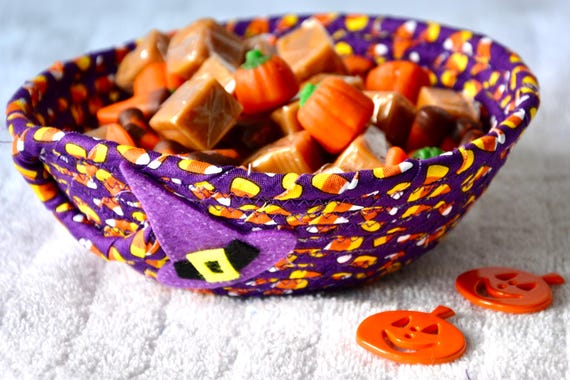 Halloween Candy Dish, Fall Purple Gift Basket, Handmade Candy Corn Fabric Bowl, Cute Entry Key Basket, Halloween Fall Decoration