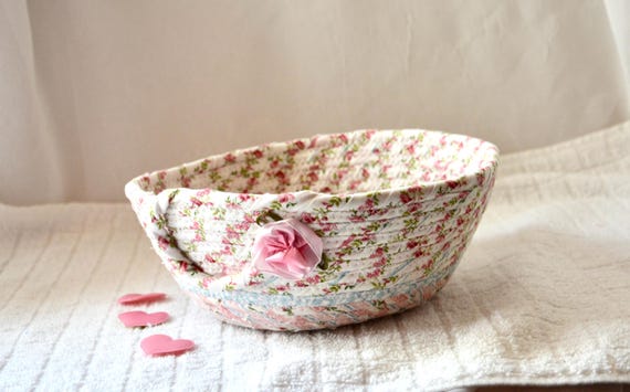 Handmade Victorian Roses Basket, Pink Shabby Chic Fabric Bowl, Napkin Basket