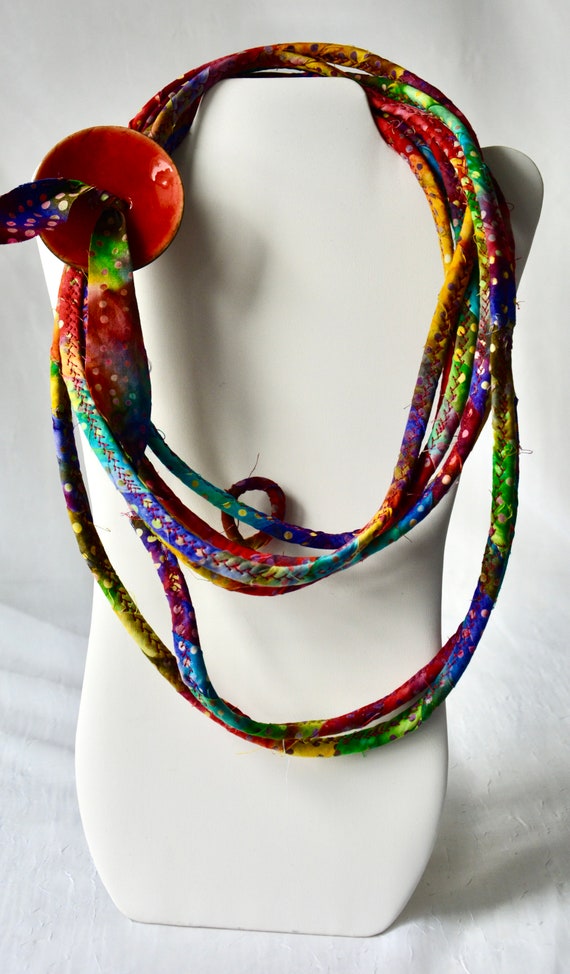 Handmade Red Fabric Necklace, Lovely Infinity Necklace, Unique Batik Fiber Jewelry, Skinny Multi Strand Necklace, Gift for her