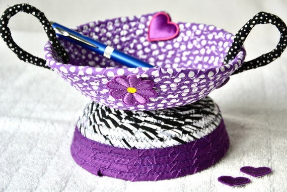 Whimsical Lavender Basket, Fun Candy Bowl,  Unique Mother's Day Gift Basket, Handmade Bath Ring Holder, Funky Purple Fabric Basket