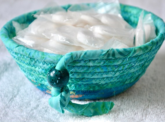 Turquoise Key Basket, 1 Handmade Batik Fabric Bowl, Aqua Blue Candy Bowl, Coastal Gift Basket, Small Ring Dish, Teal Decor Rope Bowl