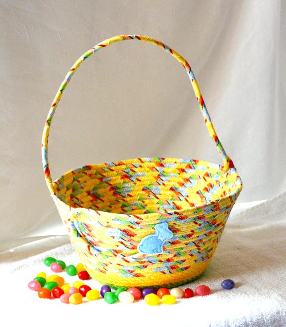 Handmade Quilted Fabric Easter Basket, Yellow Spring Candy Bucket with Bunny Accent