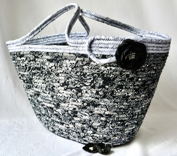 Black Tote Bag, Handmade Black and White Fabric Basket, Blanket Holder, Shawl and Scarf Bin, Wine Carrier, Laptop Case, Gift for her