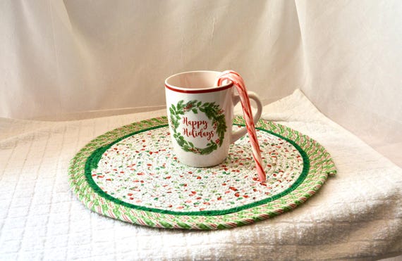 Christmas Lights Place Mat, 12" Handmade Holiday Trivet, Potholder, Table Runner, Quilted Hot Pad, Table Topper