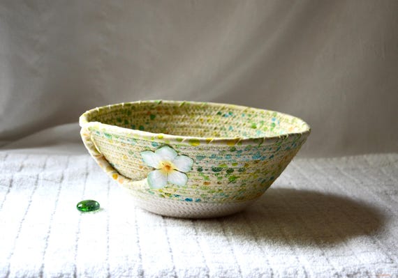 Green Batik Basket, Handmade Artisan Key Holder, Pastel Fabric Bowl, Country Cottage Potpourri Holder, Trinket Dish, Lime Cream Gift Basket
