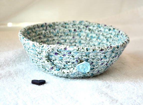 Country Cottage Basket, Blue Ring Dish, Handmade Fabric Rope Basket, Key Holder, Shabby Chic Candy Dish, Cute Floral Bowl, Gift for her