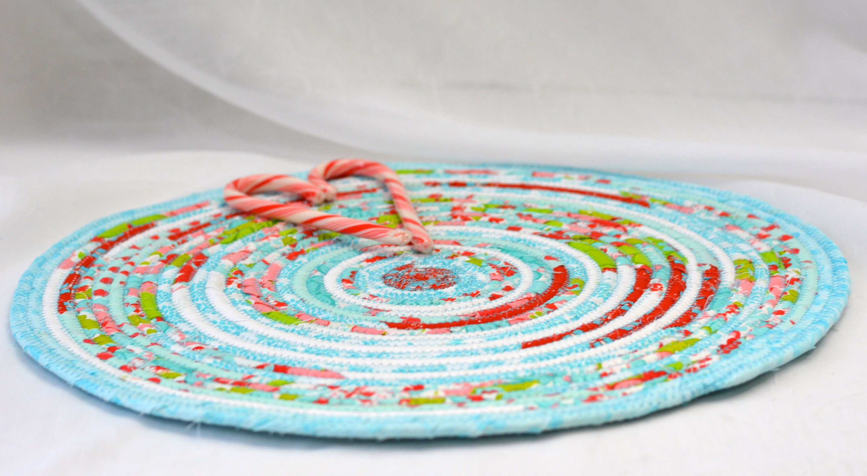 Turquoise Place Mat, 14 Quilted Table Mat, Handmade Aqua and Red Trivet