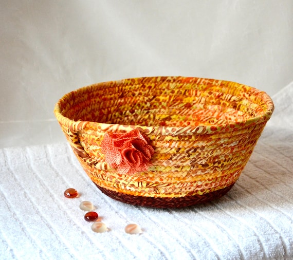 Earth Tone Batik Bowl, Cottage Chic Napkin Holder, Handmade Bread Basket, Rustic Key Holder, Quilted Batik Fabric Bowl, Bath Tissue Basket