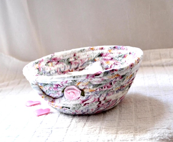 Shabby Chic Floral Fabric Basket: Handmade Ring Dish, Candy Bowl