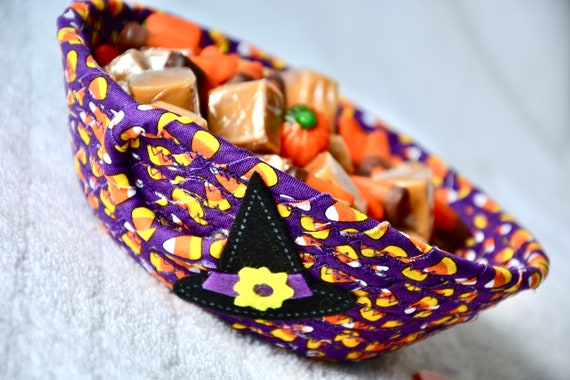 Halloween Candy Dish, Fall Purple Gift Basket, Handmade Candy Corn Fabric Bowl, Cute Entry Key Basket, Halloween Fall Decoration