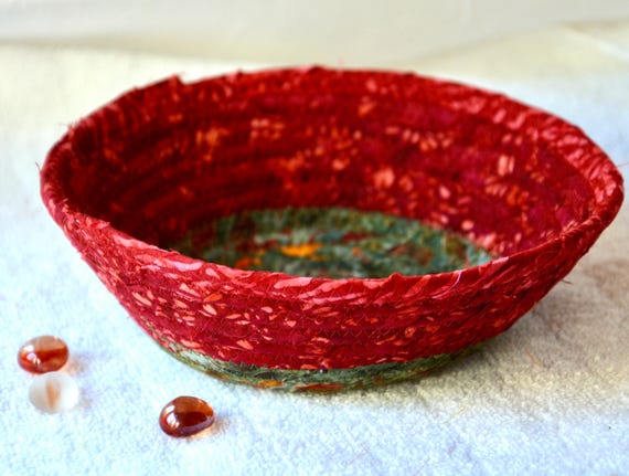 Handmade Batik Fabric Basket: Rustic Red Boho Key Holder