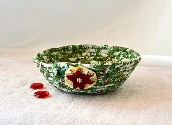 Christmas Candy Bowl, Handmade Holiday Holly Basket, Cute Potpourri Holder, Unique Gift Basket, Ring Dish Tray, Pretty Fabric Rope Basket