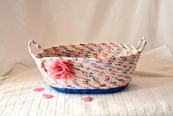 Shabby Chic Pink Basket, Nursery Diaper Holder, 1 Handmade Pink Fabric Rope Bowl, Brush Holder, Desk Organizer, Birthday Gift Basket