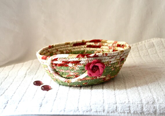Shabby Chic Rose Basket, Handmade Floral Bowl, BathTissue Basket, Brush Holder, Victorian Cottage Napkin Holder, Country Rose Gift Basket