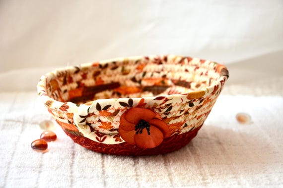Fall Earth Tone Candy Bowl, 1 Country Cottage Key Basket, Office Clip Holder, Change Bowl, Quilted Fabric Rope Basket, Autumn Gift Basket