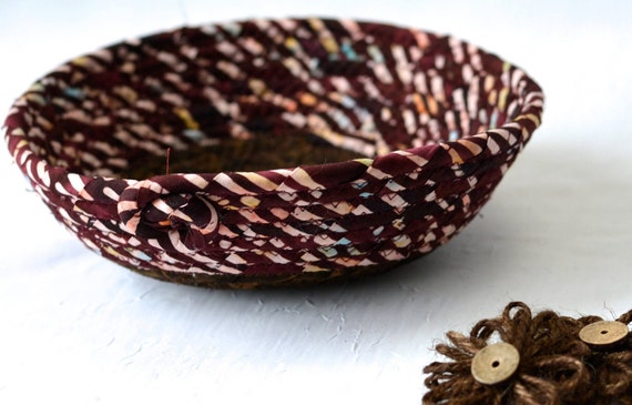 Earth Tone Key Bowl, Handmade Potpourri Basket, Country Batik Fabric Bowl, Red Wine Change Coin Bowl, Ring Dish, Gift for HIm Dad