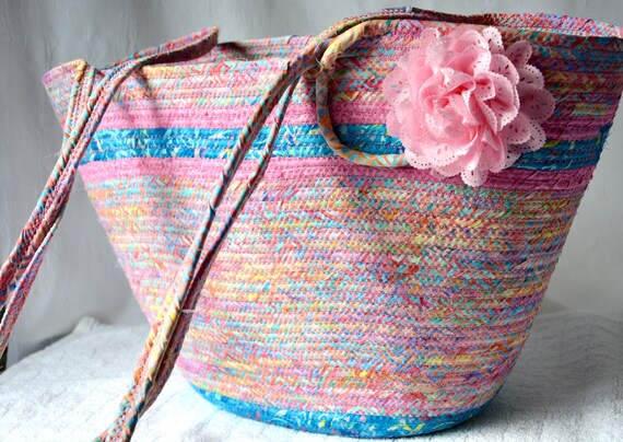 Artisan Tote Bag, Quilted Batik Fabric Basket, Handmade Handbag, Laptop Case, Country Cottage Pink Basket, Shoulder Picnic Basket