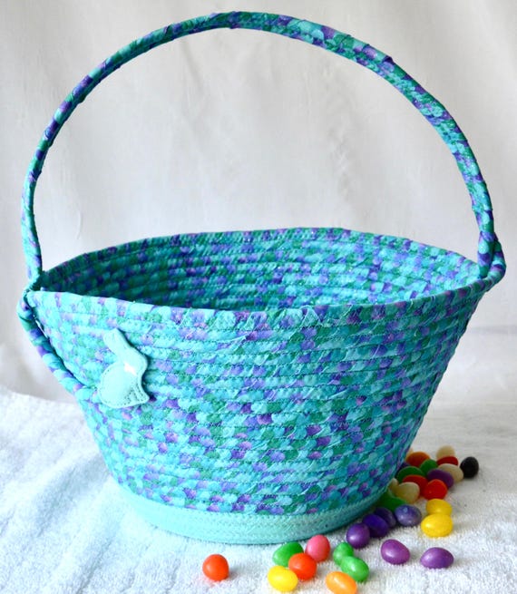 Handmade Quilted Easter Basket, Blue Glitter Fabric Easter Egg Hunt Tote Bag