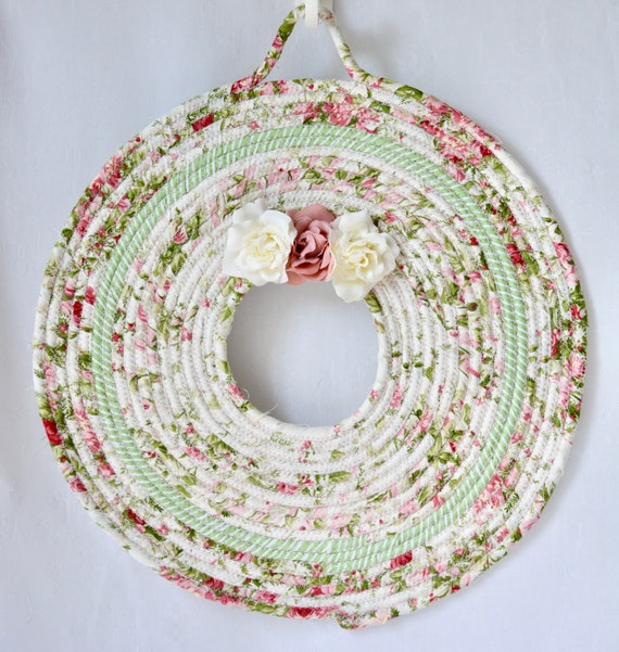 Shabby Chic Wreath, Door Hanger, Lovely Pink Rose Wall Art, Fabric Quilted Wreath, Handmade Floral Home Decor, Mauve Wall Hanging
