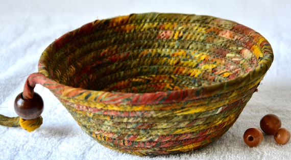 Rustic Green Dish, 1 Handmade Batik Fabric Bowl, Country Key Dish, Ring Tray, Quilted Cotton Basket, Unique Gift Basket, Gift for him men