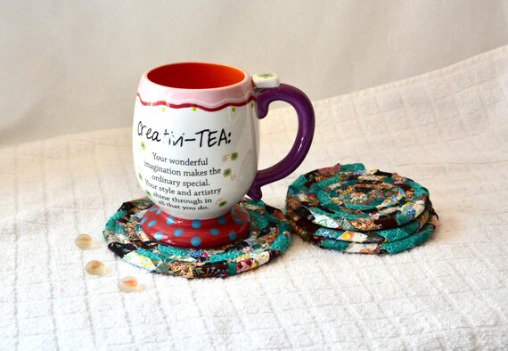 Country Drink Coasters, Set of 4, Earth Tone Fabric Coaster Set, 4" Handmade Coiled Rope Mug Rugs, Teal Drink Mat, Bar Drink Coaster