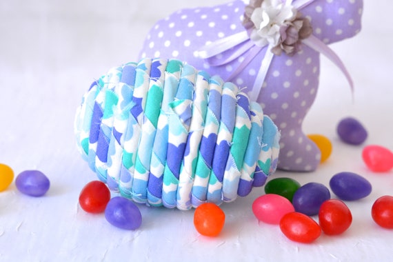 Aqua Easter Egg Ornament, 1 Handmade Easter Egg Hunt Toy, Handmade Coiled Fabric Egg