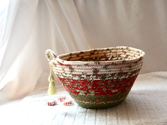 Handmade Red and Green Holiday Bowl, Christmas Card Basket, Shabby Chic Quilted Fabric Bowl