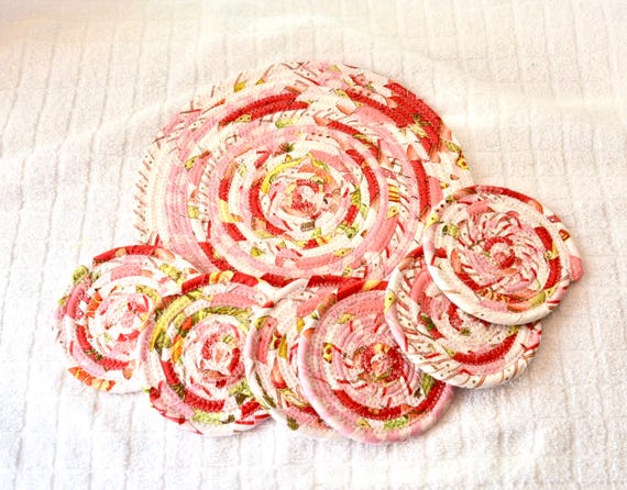Outdoor Coasters Mat Set, Cottage Chic Fabric Coaster Set, 4" Handmade Coiled Rope Mug Rugs, Drink Coasters, Summer Picnic Decor, Bar ware
