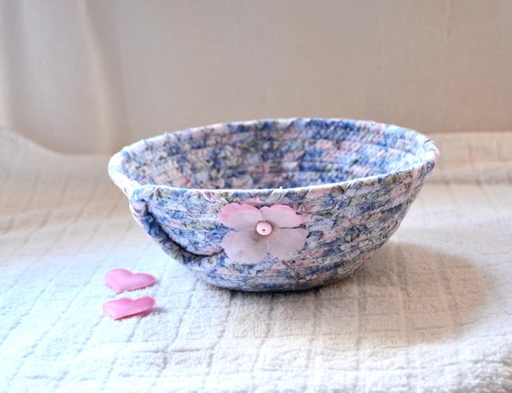 Shabby Chic Floral Basket, Handmade Fabric Rope Basket, Pastel Spring Bowl