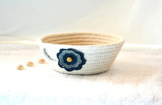 Handmade Coiled Rope Basket: Up-cycled Denim Flower Accent, Desk Candy Bowl
