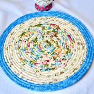 Summer Place Mat, 14&quot; 1 Blue Floral Table Topper, Handmade Shabby Chic Trivet, Quilted Hot pad, Pretty Table Runner, Coiled Fabric Potholder