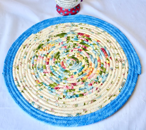 Blue Table Topper, 1 Handmade Shabby Chic Trivet, 14" Blue Quilted Hot pad, Pretty Table Runner, Coiled Fabric Potholder, Place Mat