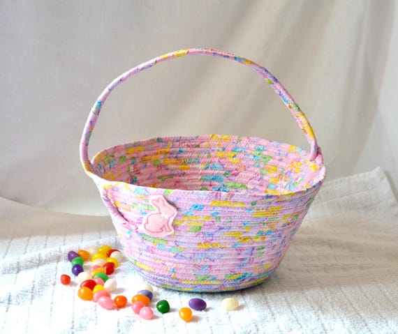 Pink Easter Basket, Handmade Easter Bucket, Pastel Spring Decoration, Easter Egg Hunt Tote Bag, Unique Girl Gift Basket, Handled Basket