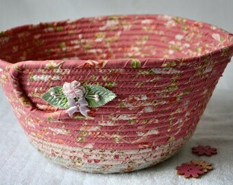 Shabby Chic Rose Basket, Handmade Mauve Floral Bowl, BathTissue Basket, Brush Holder, Victorian Cottage Napkin Holder, Gift Basket
