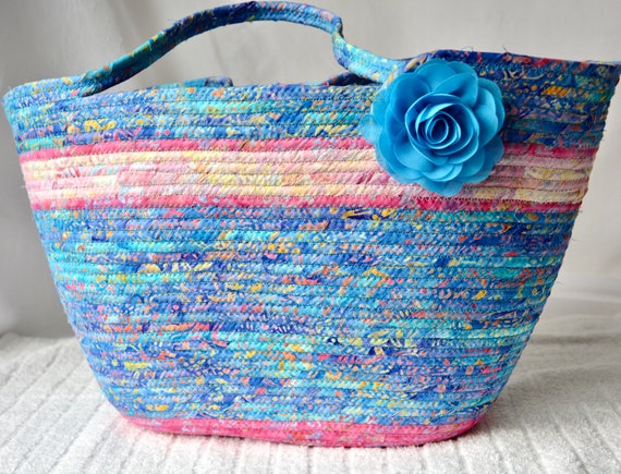 Beach Tote Bag, Blue Picnic Basket, Pretty Gift Basket, Book Magazine Holder, Handmade Batik Fabric Basket, Artisan Quilted Basket