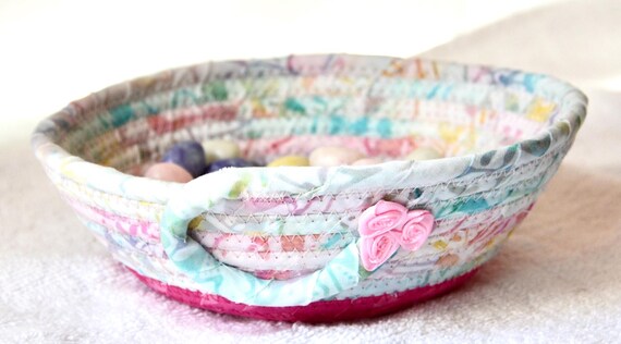 Pastel Pink Candy Dish, 1 Handmade Batik Fabric Bowl, Textile Art Basket, Small Ring Dish, Country Cottage Bowl, Mother Birthday Gift