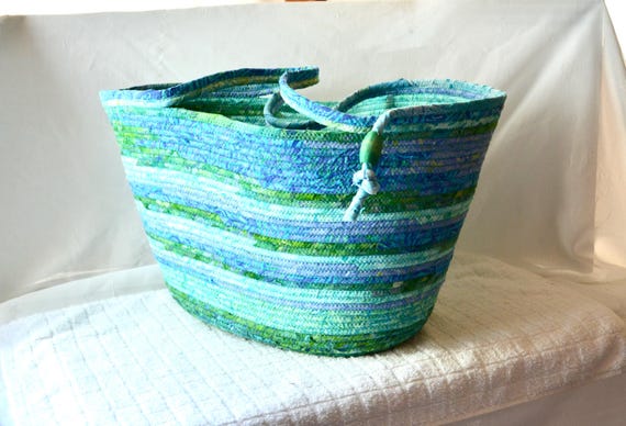 Jade Batik Tote Bag, Artisan Textile Art Basket, Wine Carrier Basket with handle, Turquoise Quilted Fabric Bin, Handmade Teal Basket