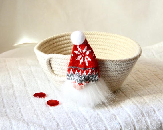 Gnome Candy Bowl, 1 Handmade Rope Basket, Christmas Gift Basket, Holiday Office Decor Bowl, Small Rope Bowl, Winter Holiday Decoration