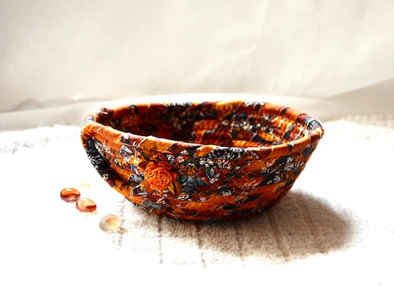 Fall Candy Dish, Earth Tone Basket, Autumn Gift Basket, Country Key Holder, 1 Handmade Trinket Ring Holder, Golden Cottage Fabric Bowl