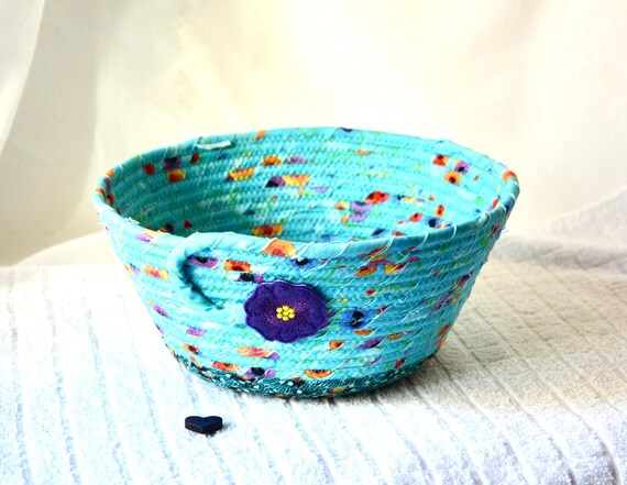Summer Floral Basket, Handmade Key Basket, Country Cottage Quilted Bowl, Blue Picnic Basket, Bread Basket, Napkin Holder, Eyeglass Bowl
