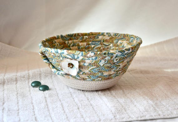 Turquoise Key Basket, Handmade Fabric Bowl, Blue Ring Dish, Beige Potpourri Bowl, Cute Desk Accessory, Candy Dish, Gift Basket