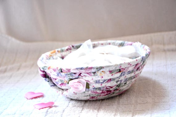 Handmade Shabby Chic Floral Fabric Basket: Rose Ring Dish, Cottage Key Bowl, Mother's Day Gift