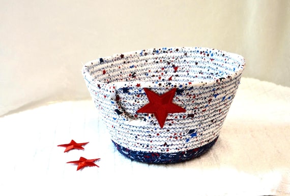 Patriotic Summer Basket, July 4th Gift Basket, Handmade Red White and Blue Fabric Bowl, Napkin Holder, Outdoor Party Decor Bowl